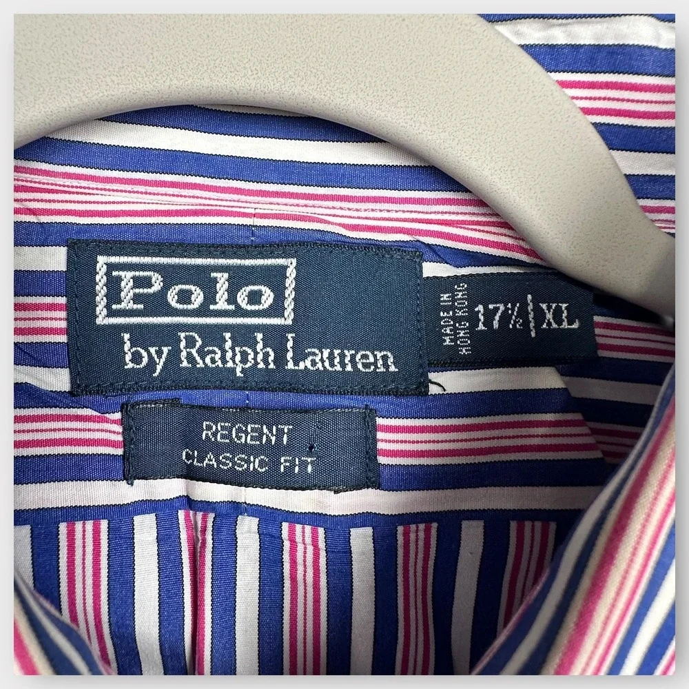 Polo Ralph Lauren Shirt Mens XL 17.5 Blue Pink White Striped Regent Classic VTG‎